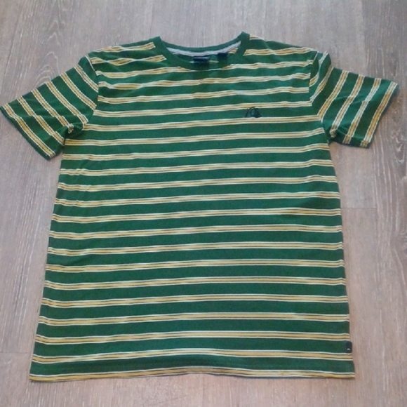Quicksilver Green and Yellow Striped Men's Shirt Surfer Skater Size L Beach - Picture 1 of 8